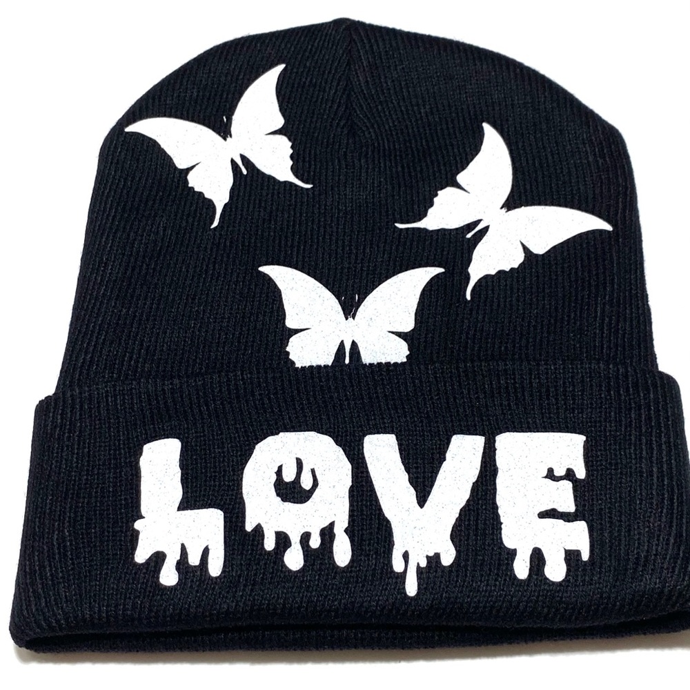 Winter Skully Beanie Hat With Love and Butterflies